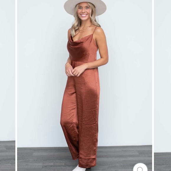 Selfie Leslie Pants - Cocktail Hour Draped Cognac Satin Jumpsuit